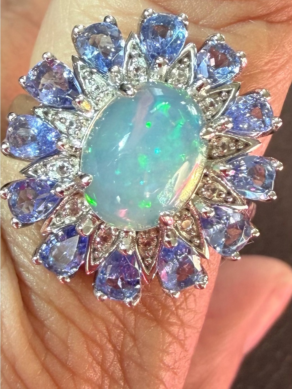 New Ethiopian Opal With Tanzanite and White Zircon Rhodium Over Sterling Silver